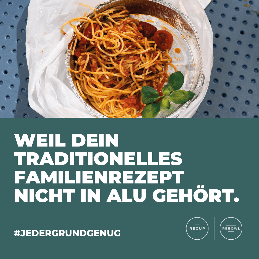 Ein Bild von Spaghetti in einer Alu-Verpackung mit dem Text dazu Weil dein traditionelles Familienrezept nicht in Alu gehärt.